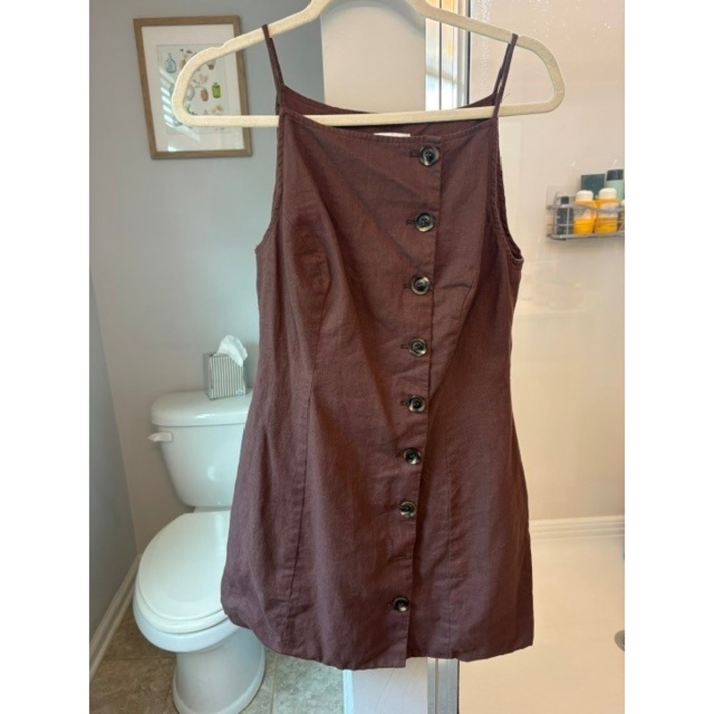 SNDYS Brown Linen Blend Button Down Mini Dress Spaghetti Strap Chocolate XL